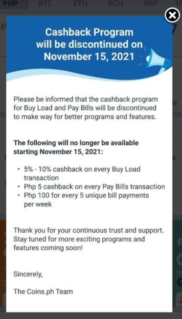 Coins Cashback Discontinued